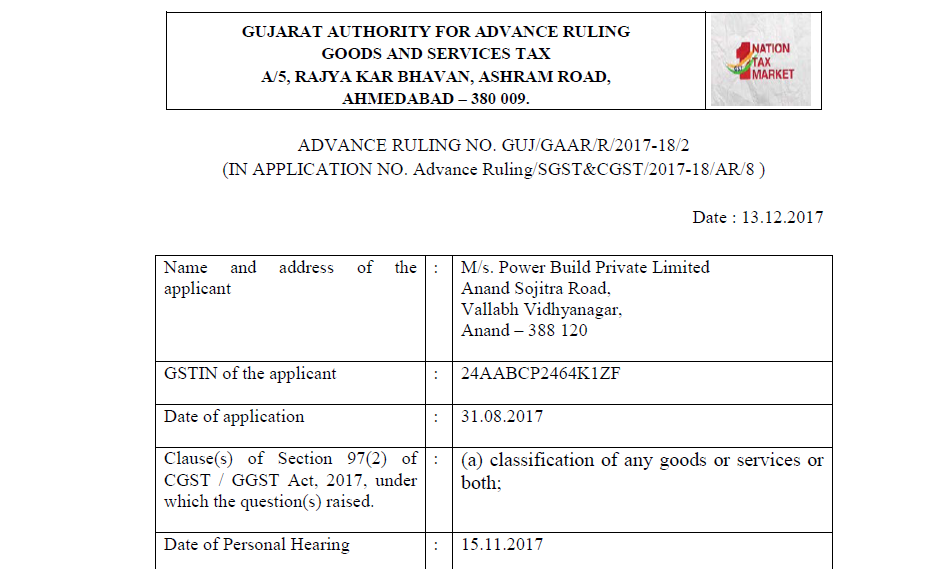 GST AAR of M/s. Power Build Pvt Ltd