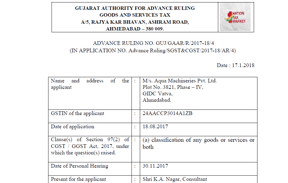 GST AAR of M/s. Aqua Machineries Pvt. Ltd