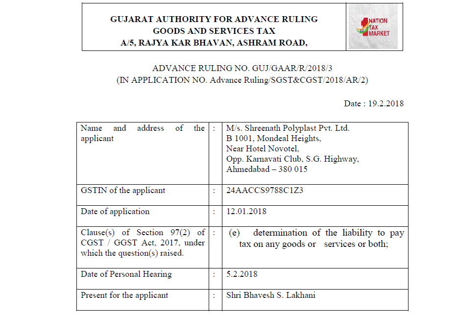 GST AAR of M/s. Shreenath Polyplast Pvt. Ltd.