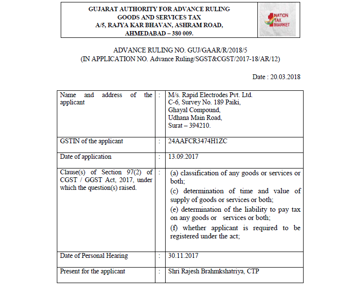 GST AAR of M/s. Rapid Electrodes Pvt. Ltd.