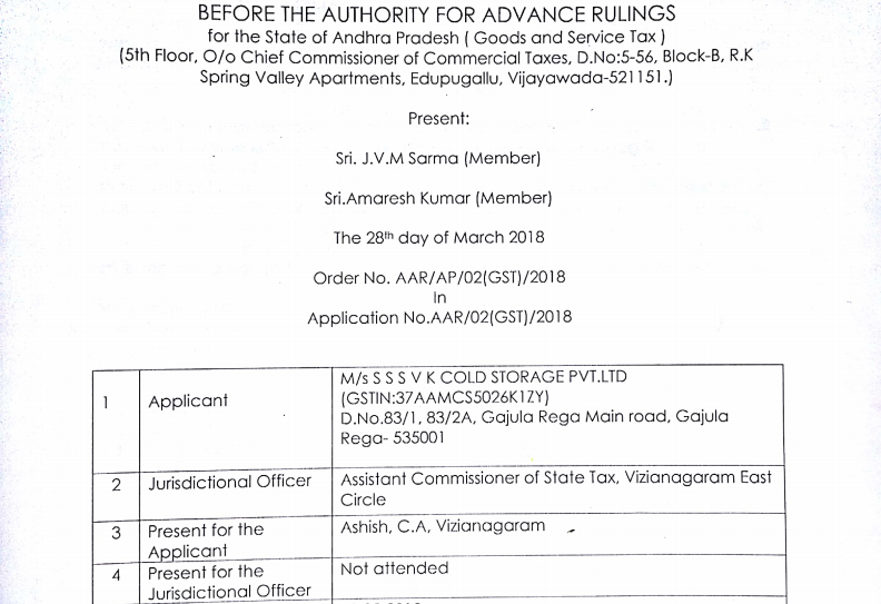 GST AAR of M/s SSSVK Cold Storage Private Limited