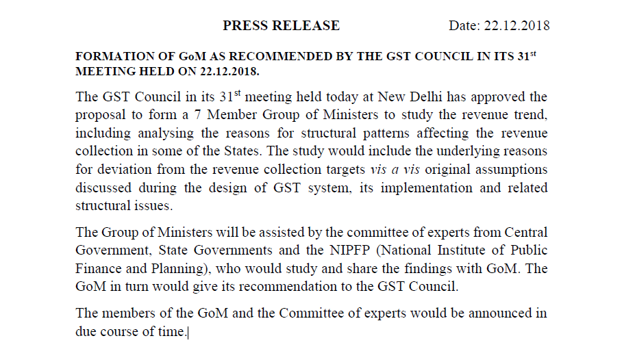Formation of GoM as recommended by the GST Council