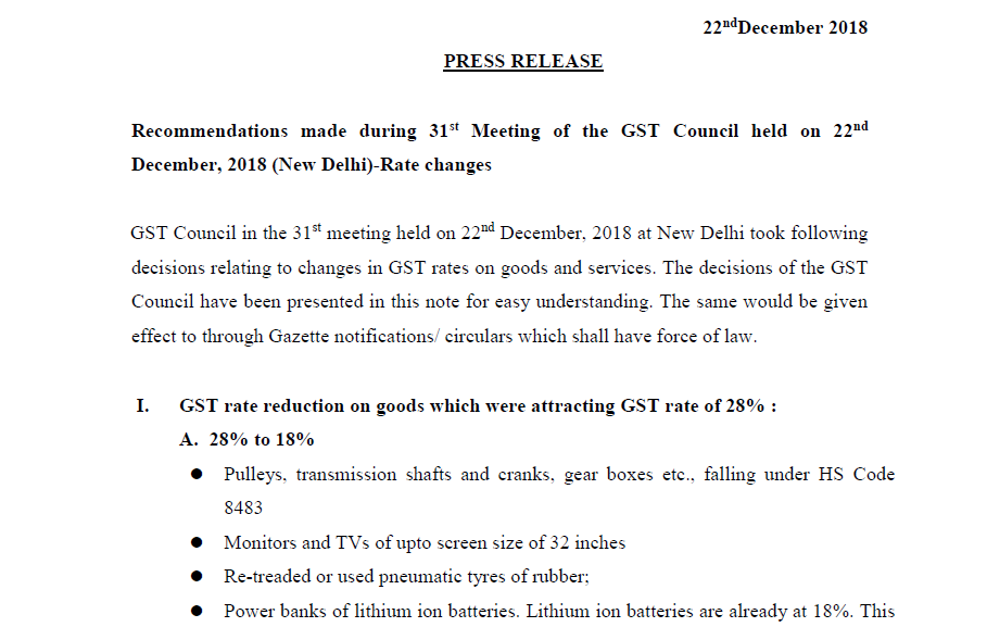 Recommendations made during 31st Meeting of the GST Council