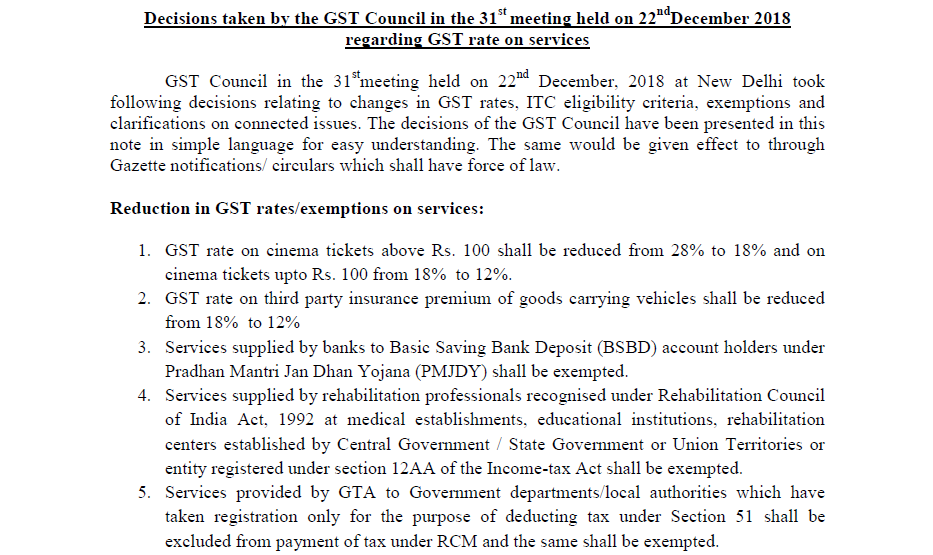 Decisions by the GST Council in the 31st meeting