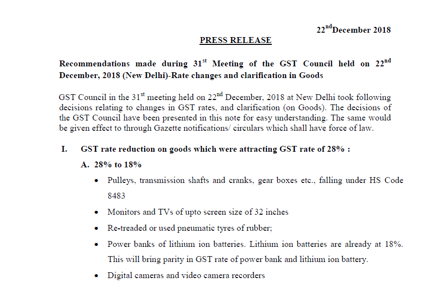 Recommendations made during 31st GST Council Meeting