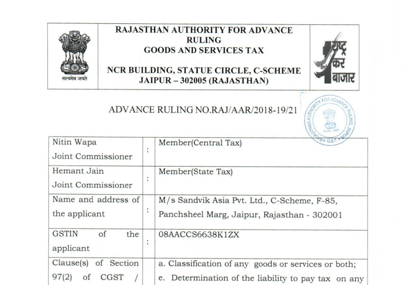 GST AAR of M/s. Sandvik Asia Pvt. Ltd.