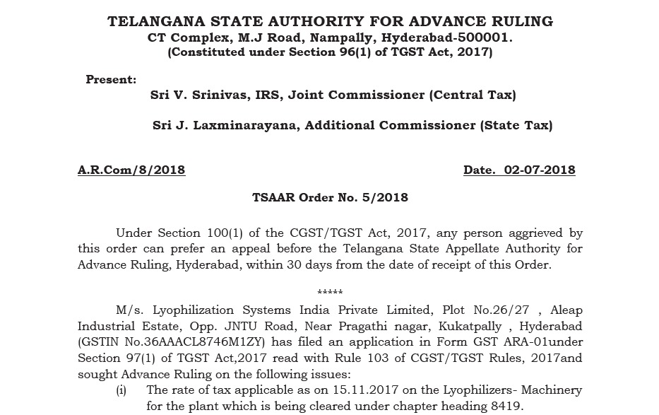GST AAR of M/s. Lyophilization Systems India Private Limited