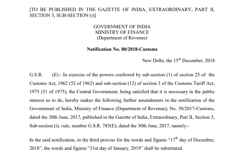 Notification No. 80/2018-Customs