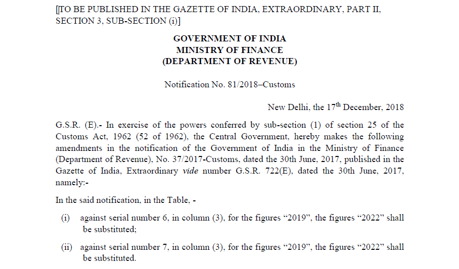 Notification No. 81/2018–Customs
