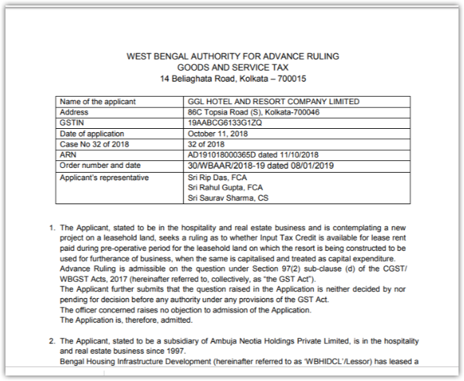 GST AAR of GGL Hotel and Resort Company Limited