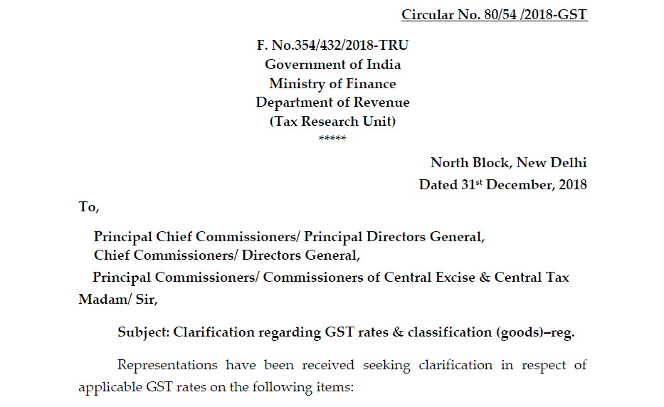 Circular No. 80/54 /2018-GST