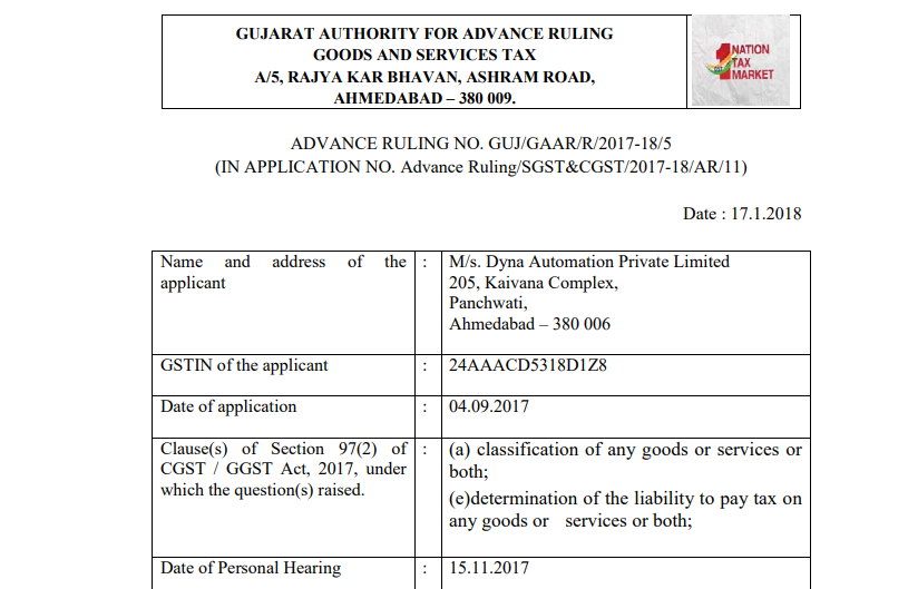 GST AAR of M/s. Dyna Automation Private Limited