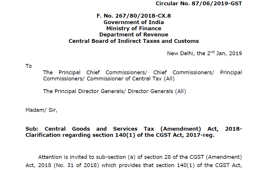 Circular No. 87/06/2019-GST