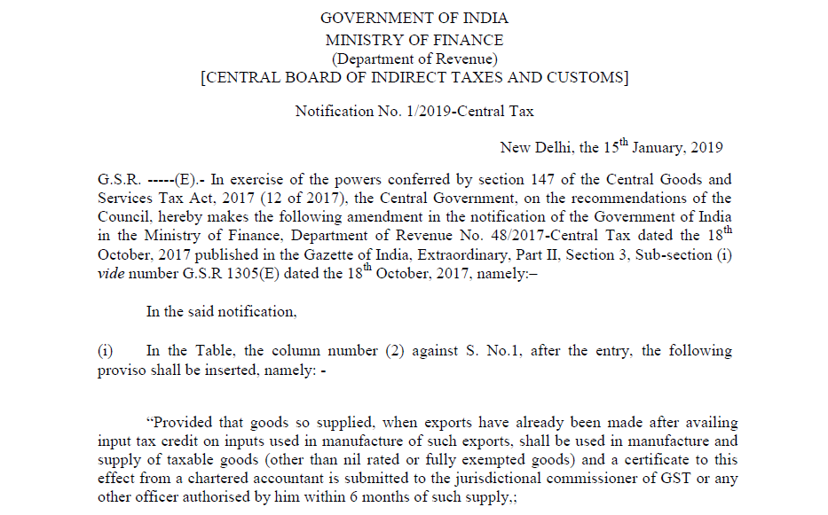 Notification No. 1/2019-Central Tax