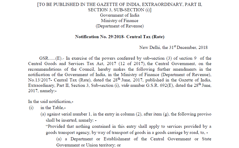 Notification No. 29/2018- Central Tax (Rate)