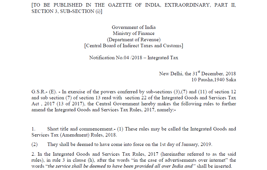 Notification No.04 /2018 – Integrated Tax