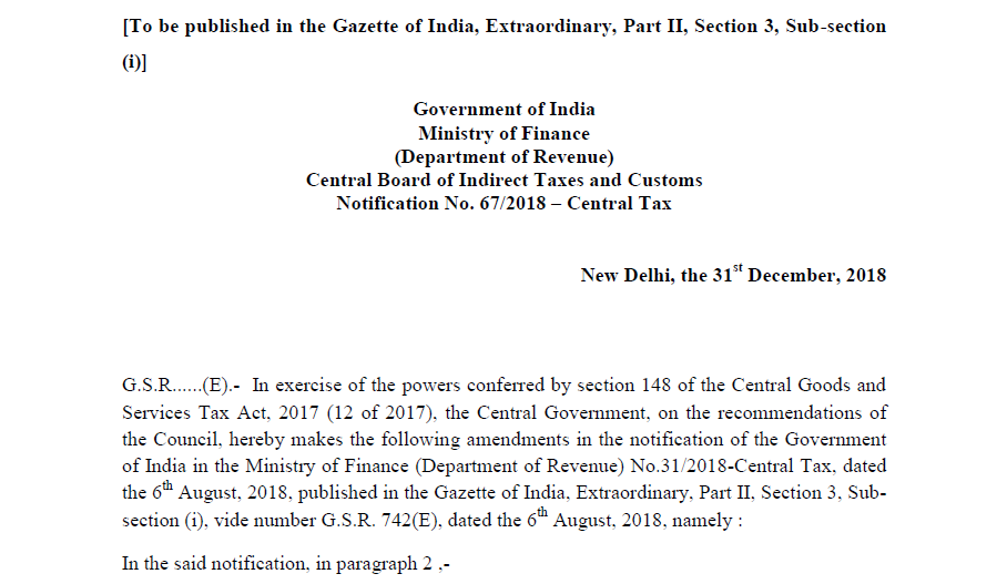 Notification No. 67/2018 – Central Tax