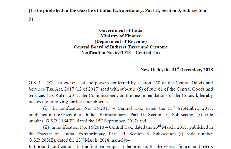 Notification No. 69/2018 – Central Tax