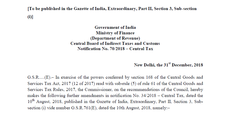 Notification No. 70/2018 – Central Tax