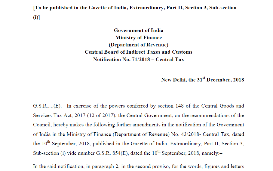 Notification No. 71/2018 – Central Tax
