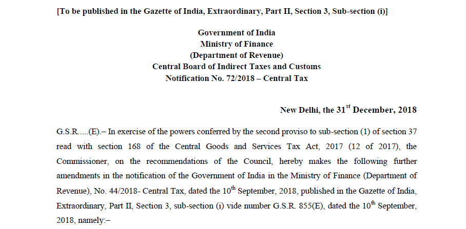 Notification No. 72/2018 – Central Tax