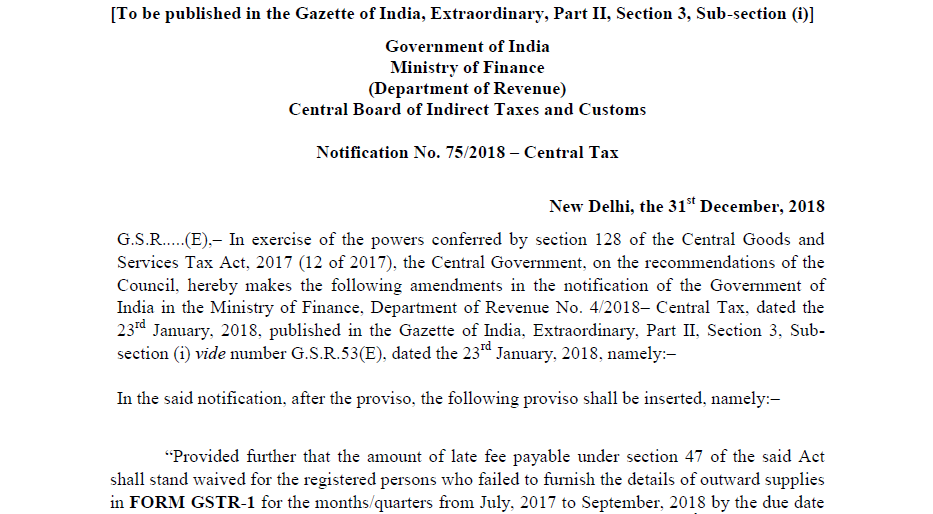 Notification No. 75/2018 – Central Tax