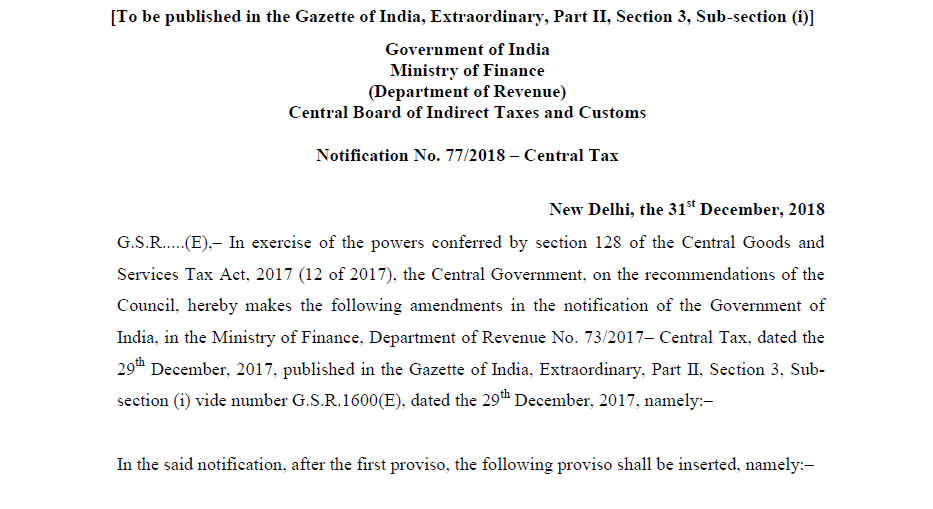 Notification No. 77/2018 – Central Tax