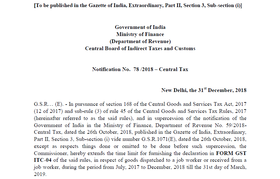 Notification No. 78 /2018 – Central Tax