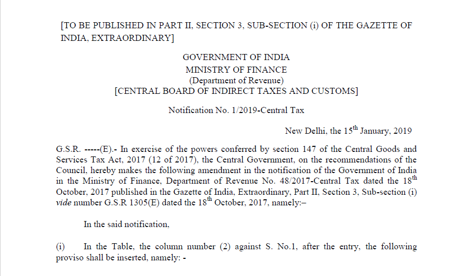 Notification No. 1/2019-Central Tax