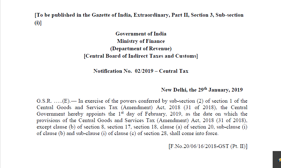 Notification No. 02/2019 – Central Tax