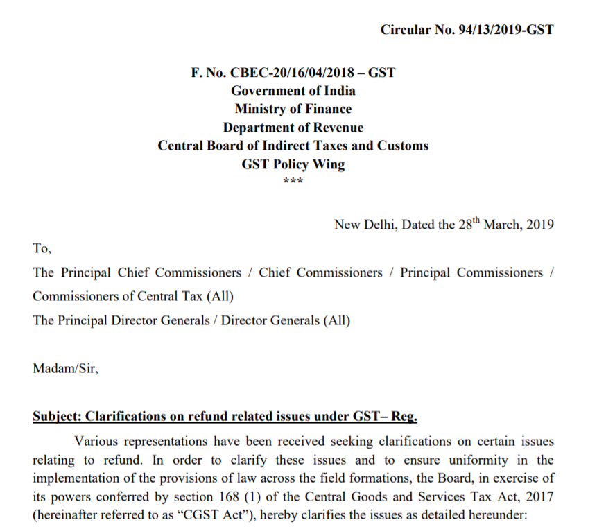 Circular No. 94/13/2019-GST