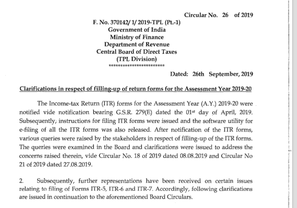 clarification filing of ITR forms