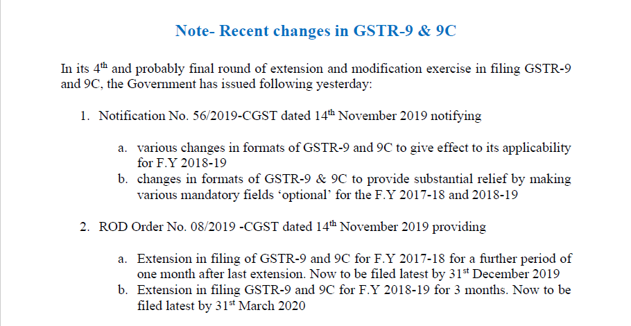 Note on Recent changes in GSTR-9 & 9C