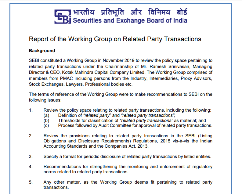 SEBI Report on Related Party Transaction Open For Public Comments