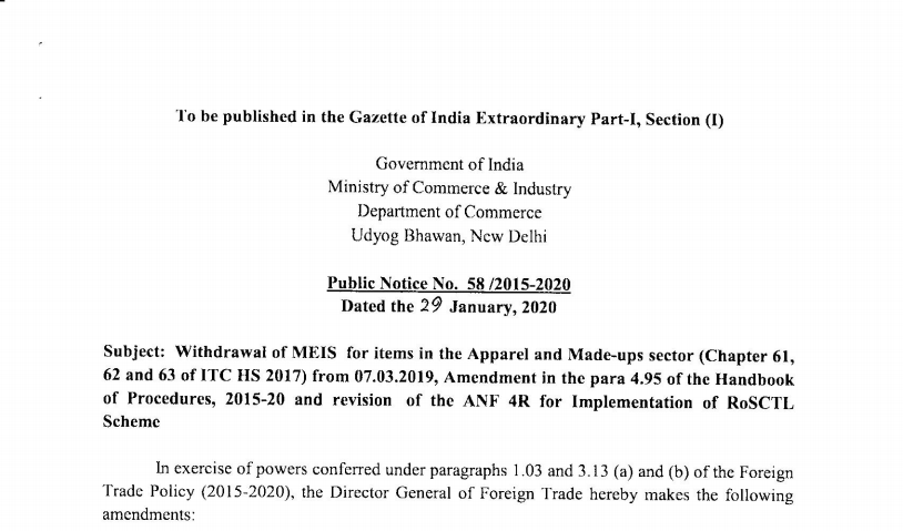 Withdrawal of MEIS for items in Apparel and Made-ups sector
