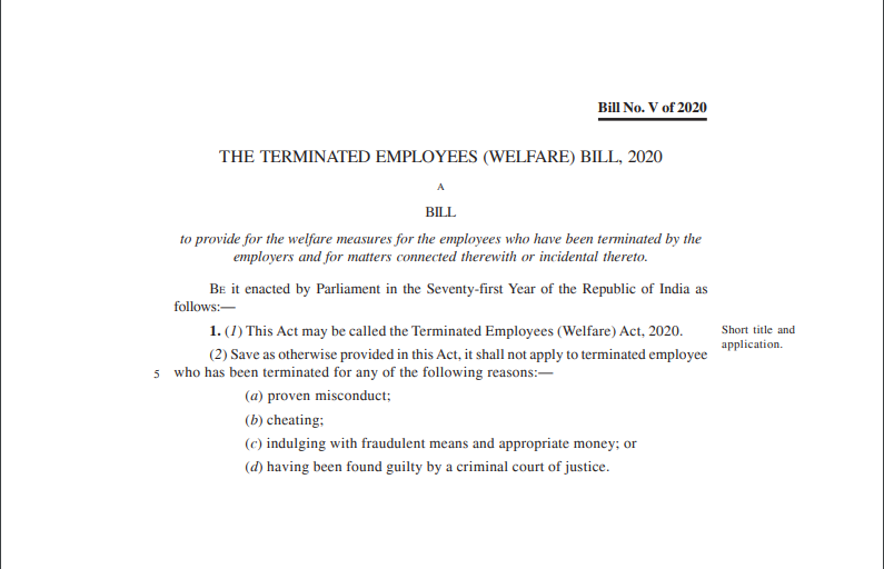 THE TERMINATED EMPLOYEES (WELFARE) BILL, 2020