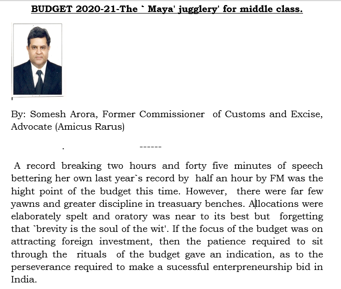 BUDGET 2020-21-The ` Maya' jugglery' for middle class. 