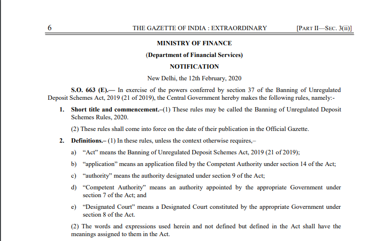 BUDS (Banning of Unregulated Deposit) Rules, 2020. 