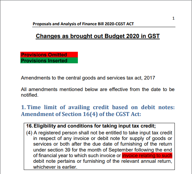 Changes as brought out Budget 2020 in GST