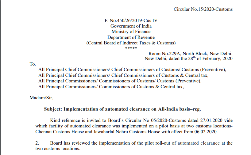 Implementation of automated clearance on All-India basis