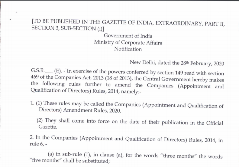 Companies (Appointment and Qualification of Directors) Amendment Rules, 2020.