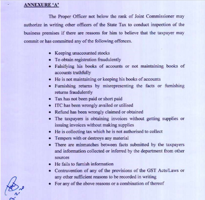 Guidelines to be followed before authorizing for conducting Inspection, Search and Seizure Under Haryana GST Act.