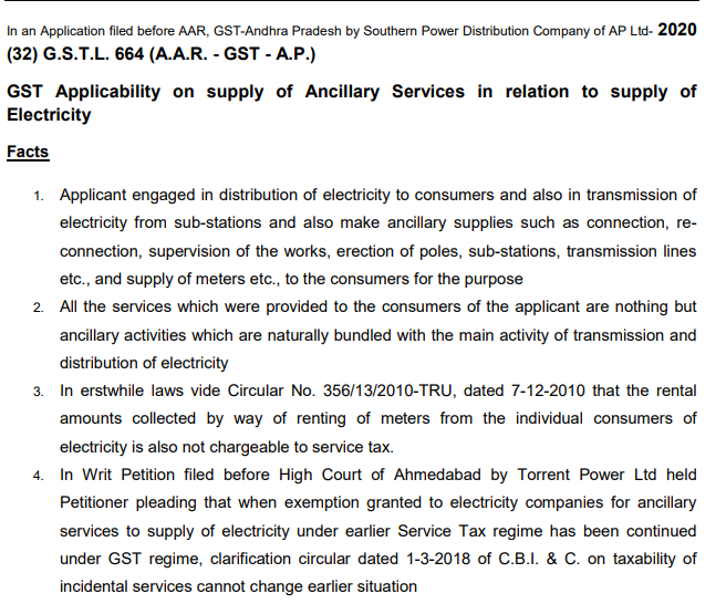GST Applicability on the supply of Ancillary Services in relation to the supply of Electricity