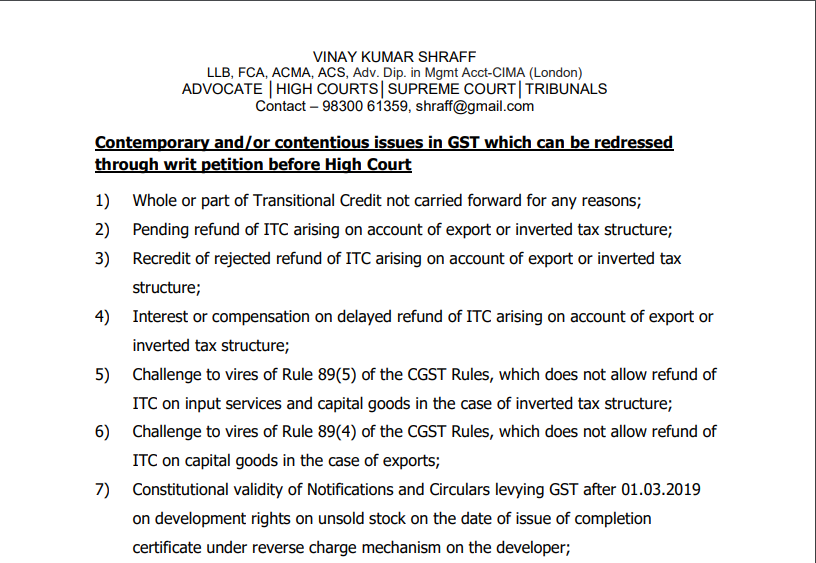 Contemporary and/or contentious issues in GST which can be redressed through a writ petition before High Court