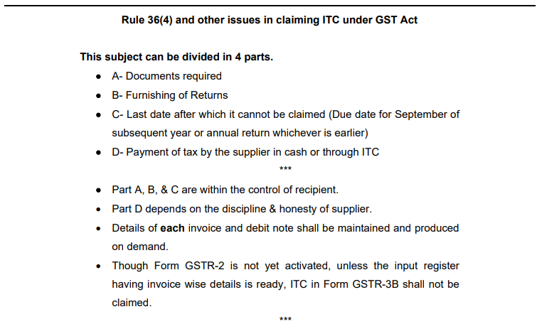Rule 36(4) and other issues in claiming ITC under the GST Act 