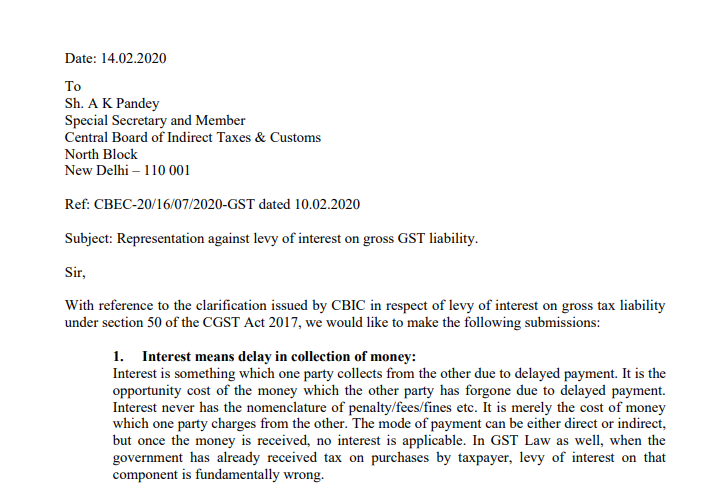 Representation against levy of interest on gross GST liability.