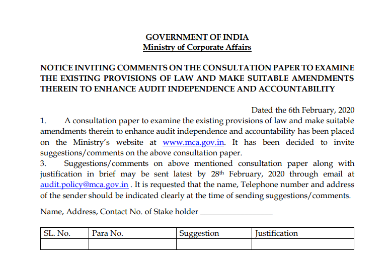 Notice inviting comments for amending the existing provisions for auditor independence and accountability