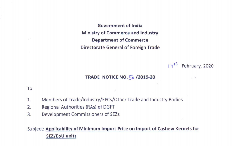 Applicability of Minimum Import Price on Import of Cashew Kernels for SEZ/EoU units