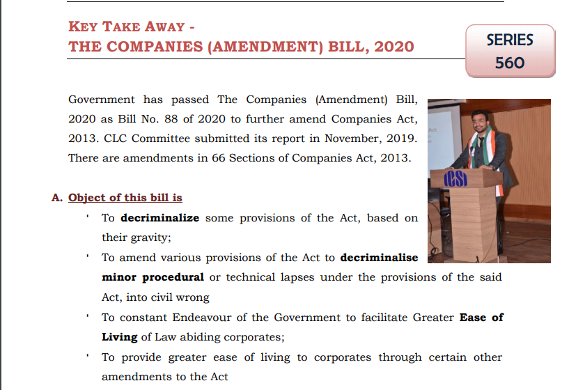 KEY TAKE AWAY -THE COMPANIES (AMENDMENT) BILL, 2020