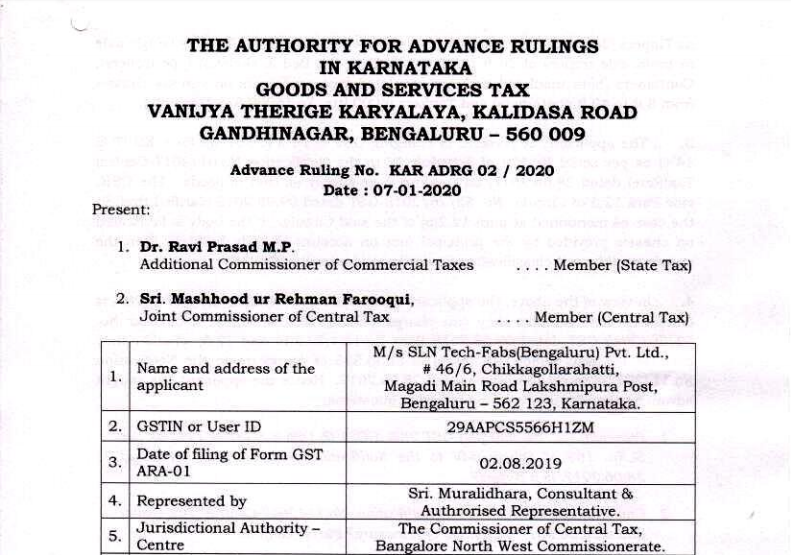 AAR Karnataka Order in the case of M/s SLN Tech-Fabs(Bengaluru) Pvt. Ltd.